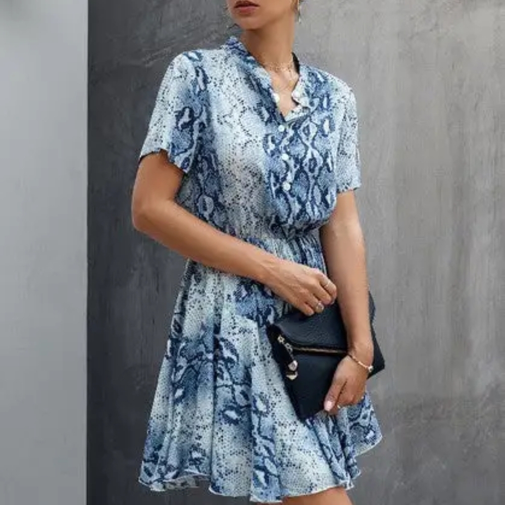 NEW Elegant Blue Patterned Mini Dress - Picture 4 of 5